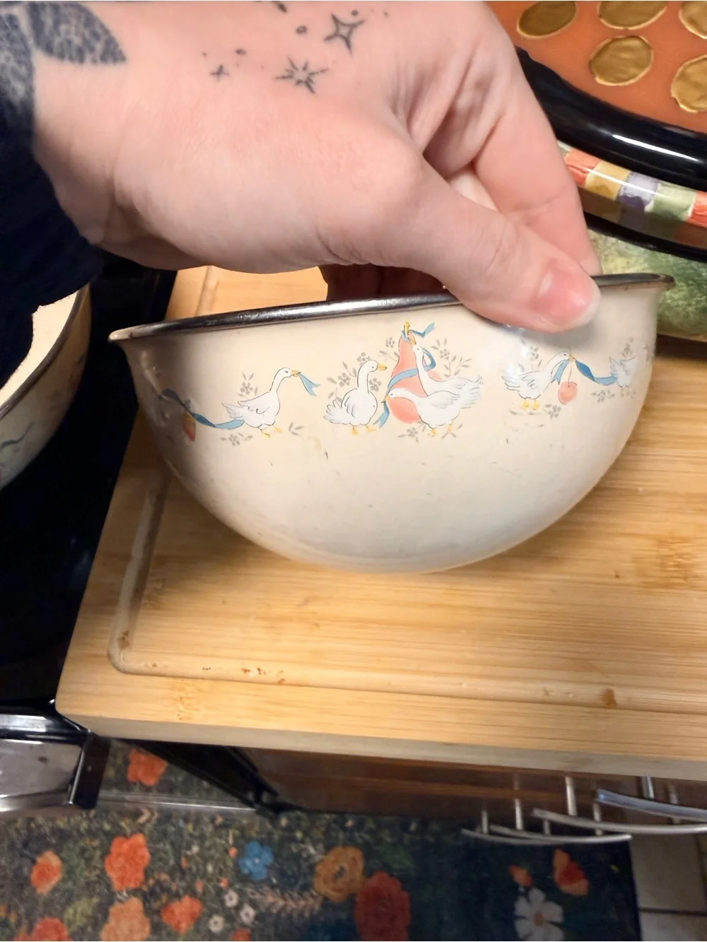 Vintage Cream Ceramic Mixing Bowl with Duck and Ribbon Motif